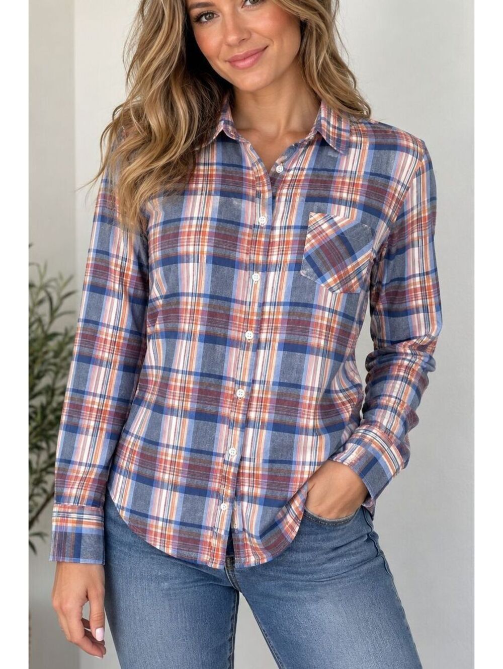 Aéropostale Women's Large Plaid Flannel Shirt Blue Orange Y2K Cotton